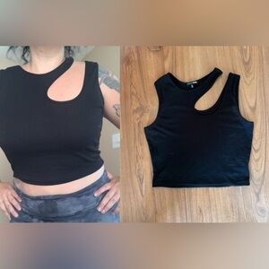 FASHION NOVA black ribbed crop cut open shoulder tank top